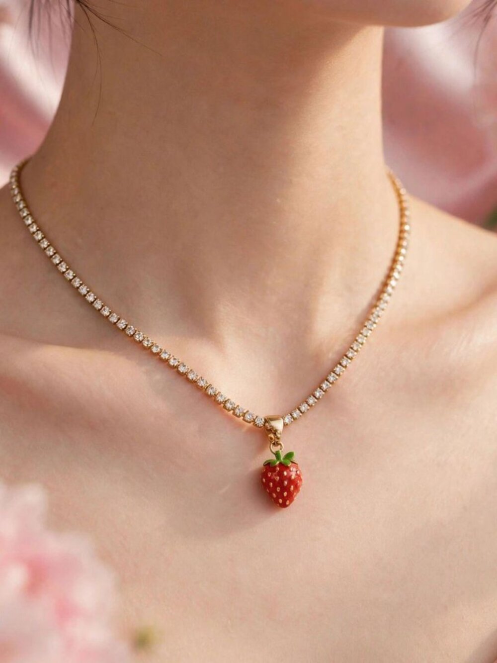 Kate Spade Strawberry Crystal Tennis Necklace Gold Tone Fruit Charm Pendant